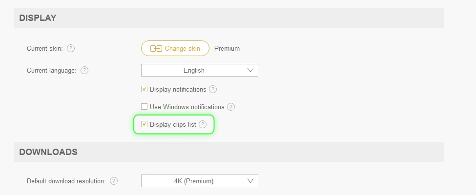 "Display clips list" option
